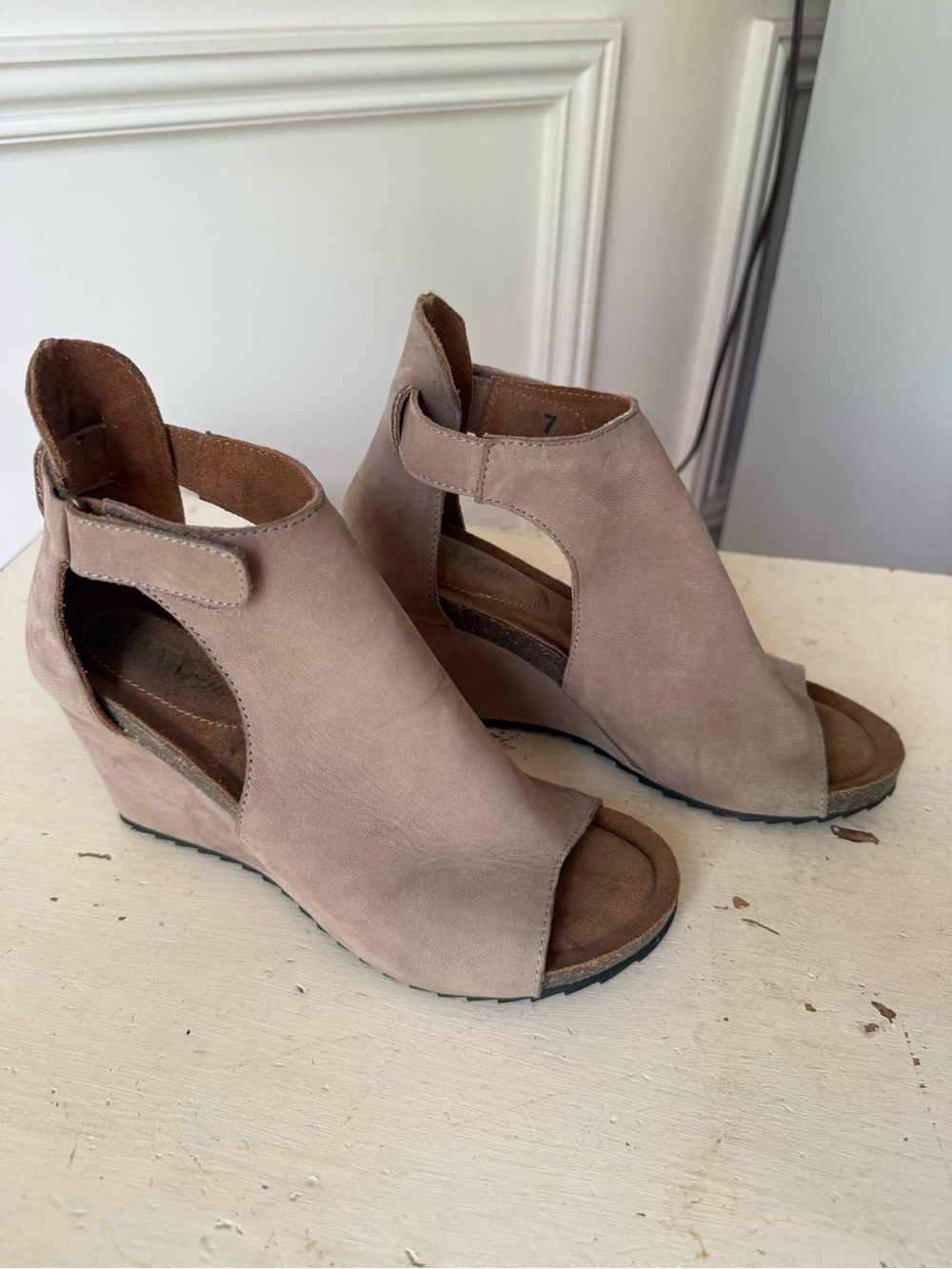Taupe Peep-Toe Wedge Sandals with Ankle Strap
